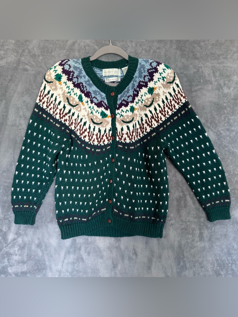 Northern Isles Green Vintage Cardigan Sweater ducks small hand embroidered
